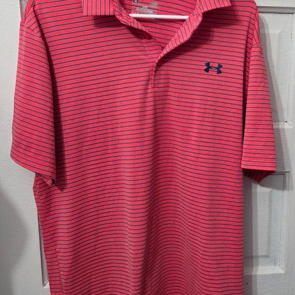 Under Armour Loose Heart Gear Men's orange with Grey Stripes Polo Shirt size L